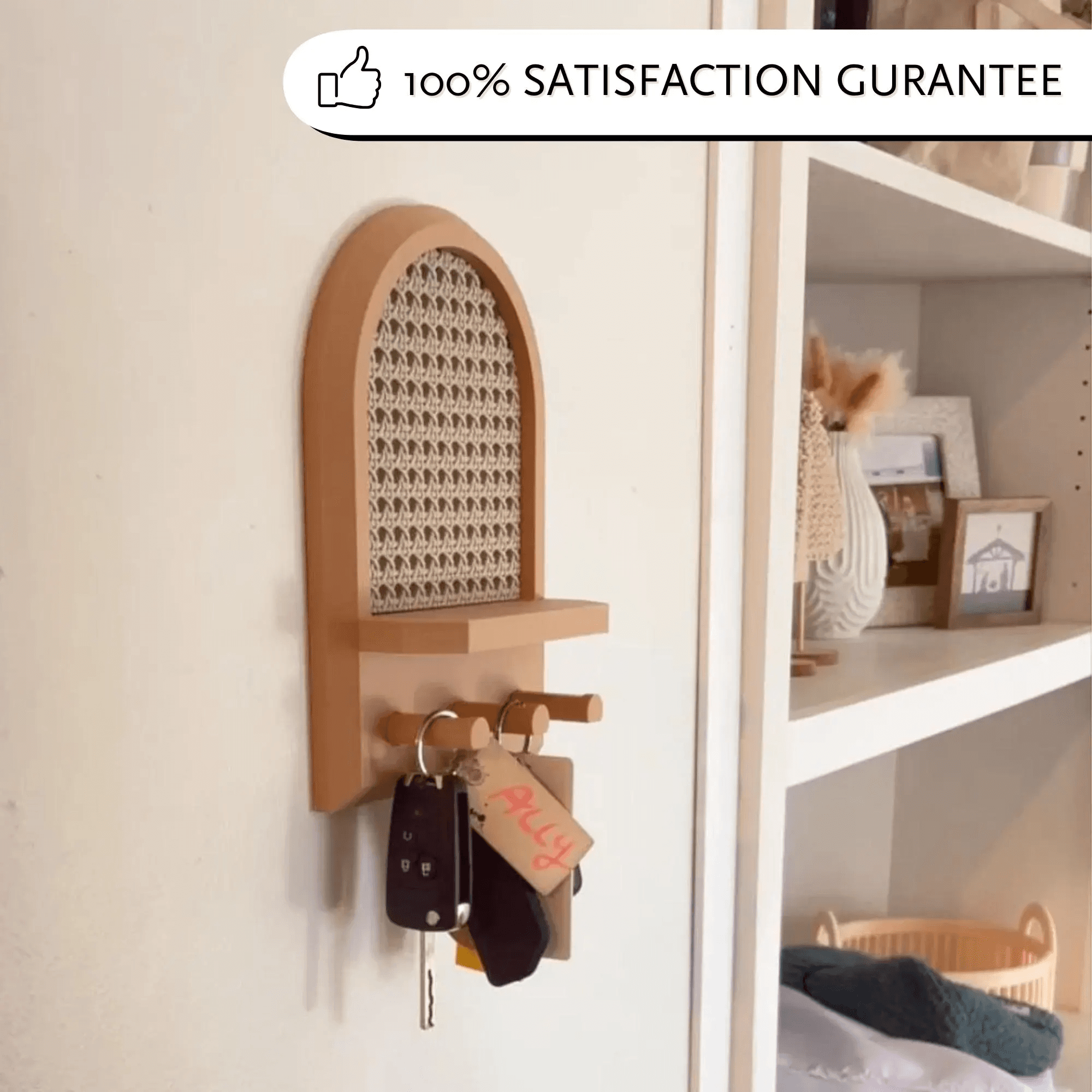 Variant B - Wall Mounted Key Holder with Cane Webbing Modern Minimalist Entryway Organizer Home Decor